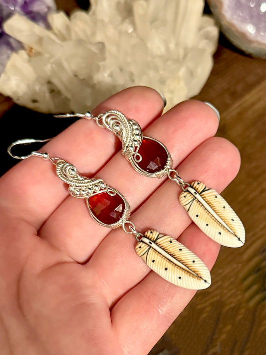 Garnet and Feather earrings